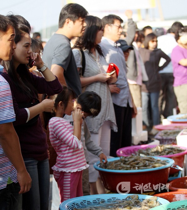 태안군 안면읍 백사장에서 열리는 대하축제장을 찾는 관광객들의 발길이 끊이지 않고 있다.