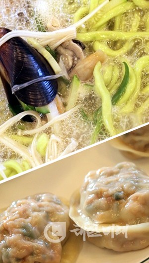홍두깨칼국수의 대표메뉴 해물칼국수(위)와 손만두(아래).